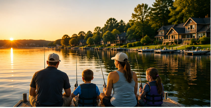 Family fishing from a dock in a lake community at sunset